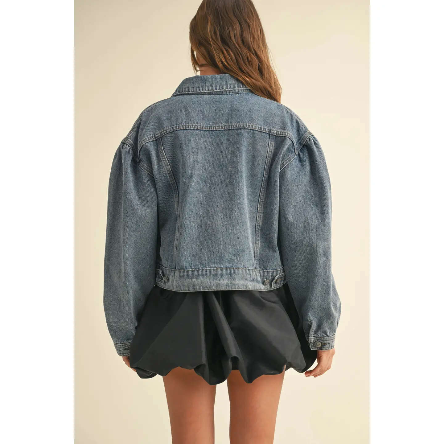 Long Sleeve Puff Sleeve Denim Jacket - lighter wash