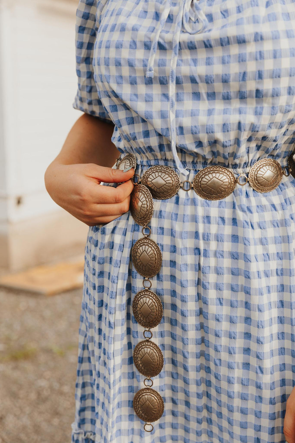 TEXTURED GINGHAM PUFF SLEEVE TIERED DRESS