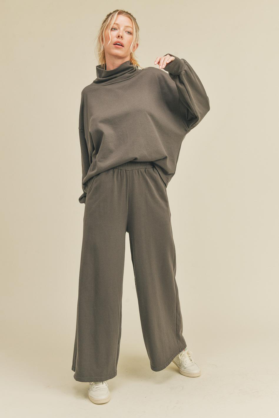 Grey Draped Mock Neck Top & Wide Leg Pant Set