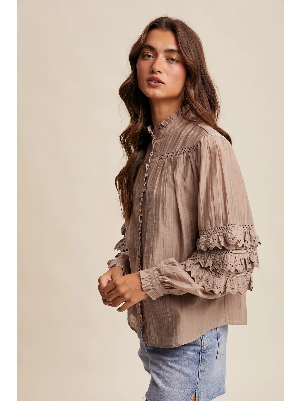 Lace Ruffle Sleeve Pintuck Blouse