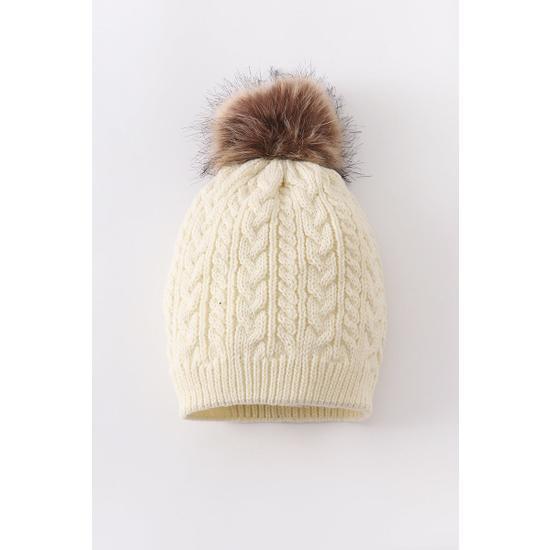 CREAM CABLE KNIT POM POM BEANIE