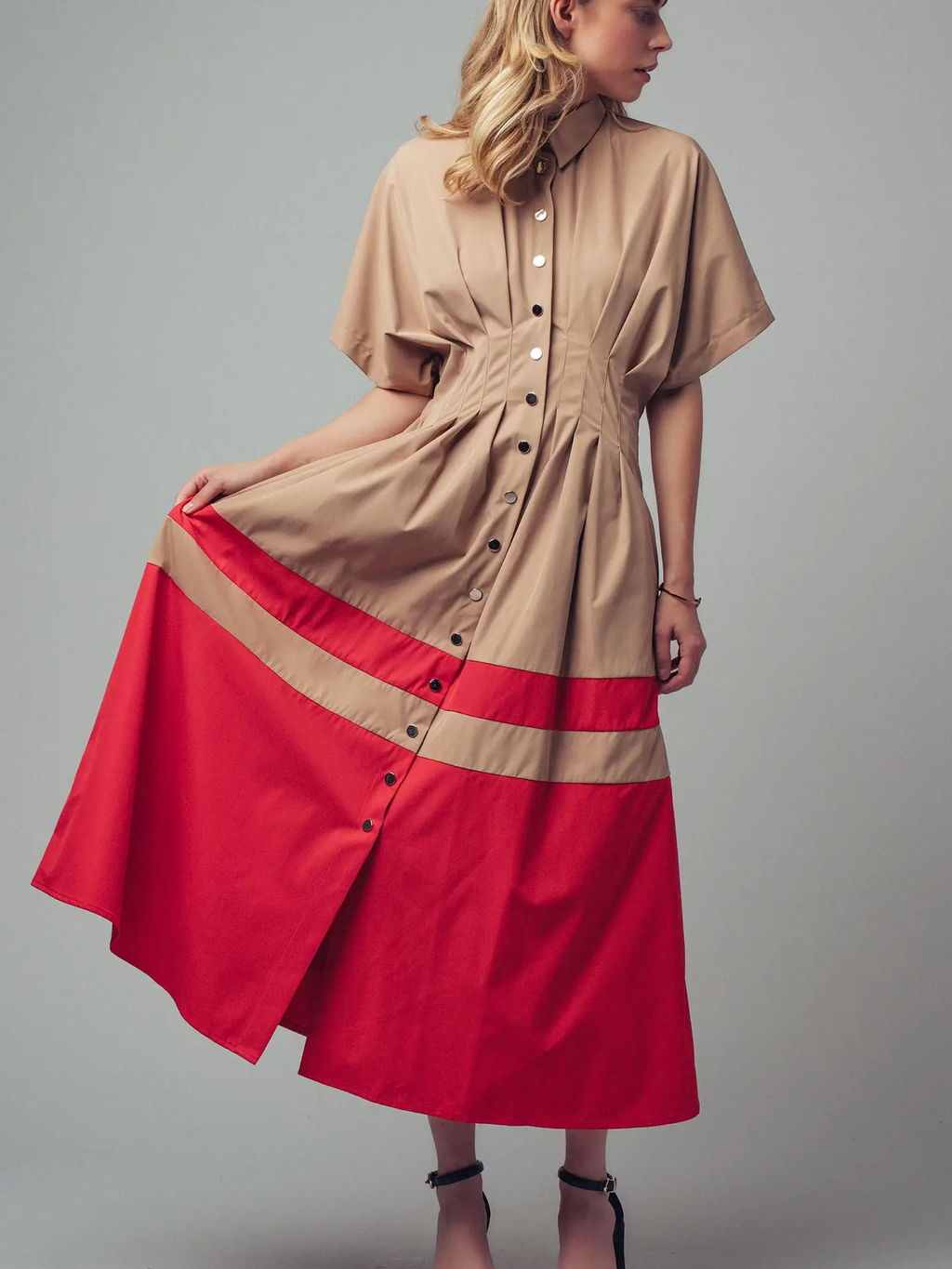 Colorblock Button-Up Cotton Midi Dress - CAMEL