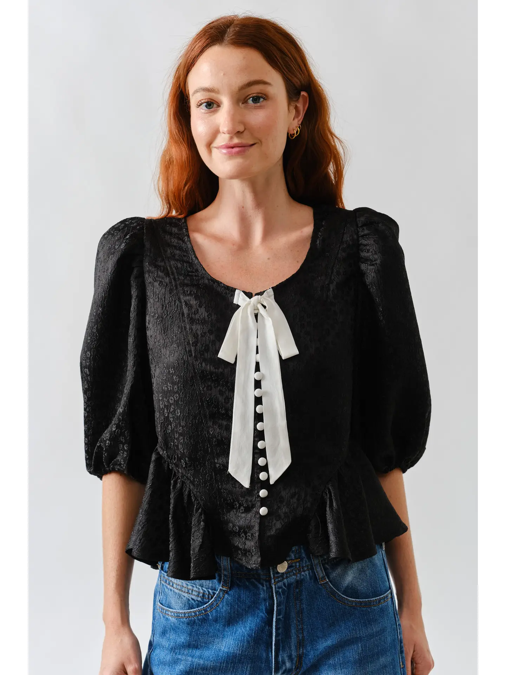Jacquard Puffy Sleeve Bow Tie Top W/Ruffle Hem - Black