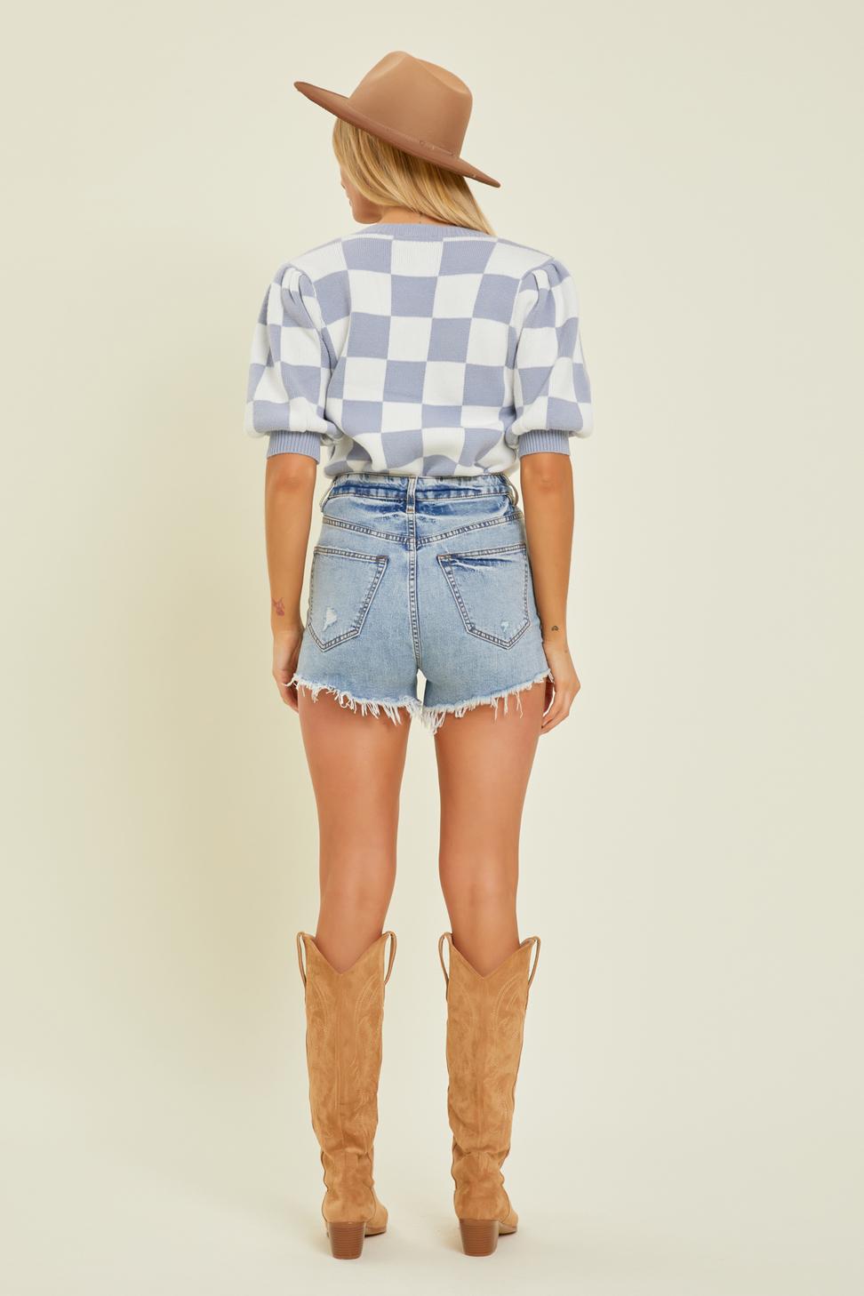 CHECK PUFF SLEEVE TOP - GREY