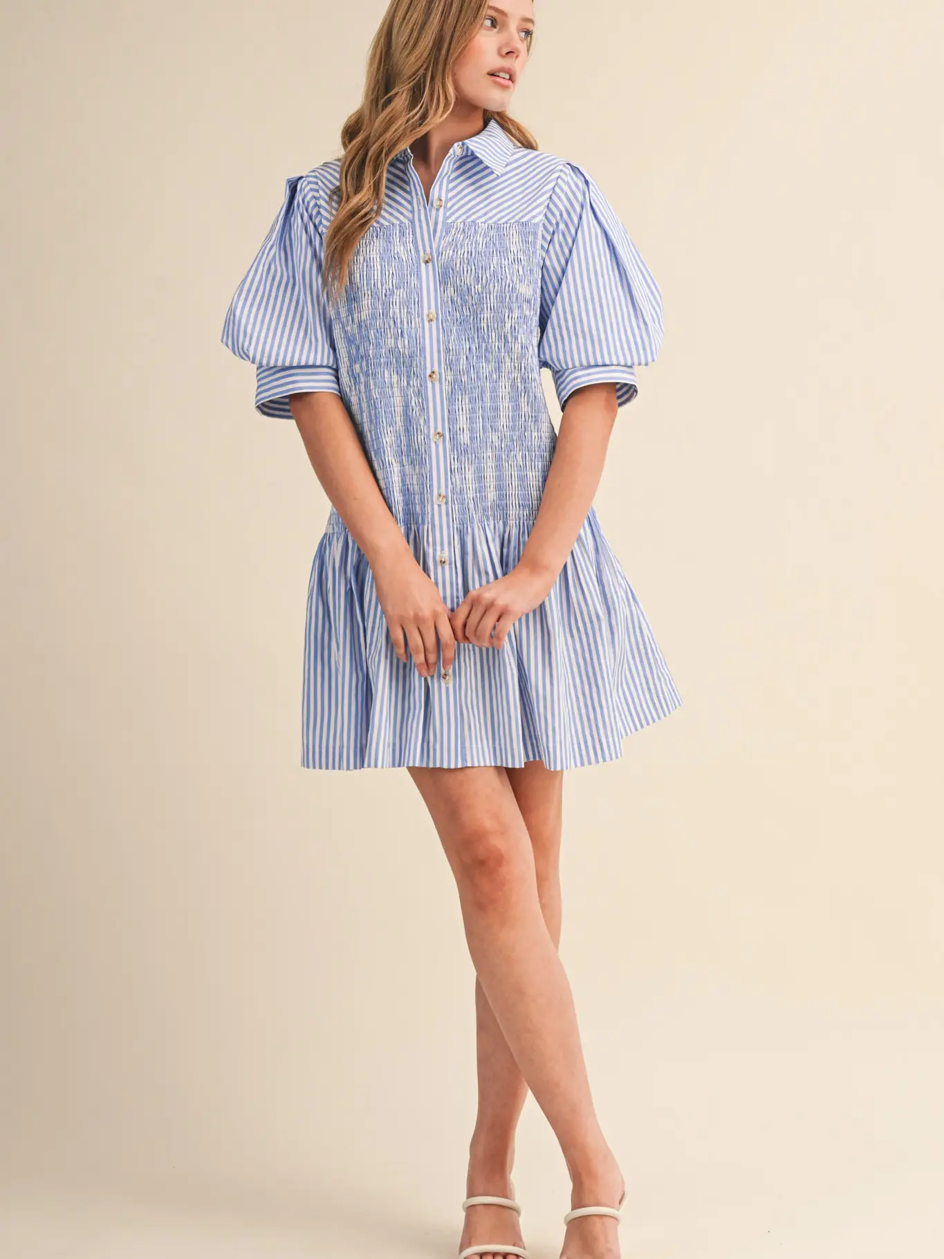 Striped Smocked Bodice Mini Dress - LT BLUE WHITE STRIPE