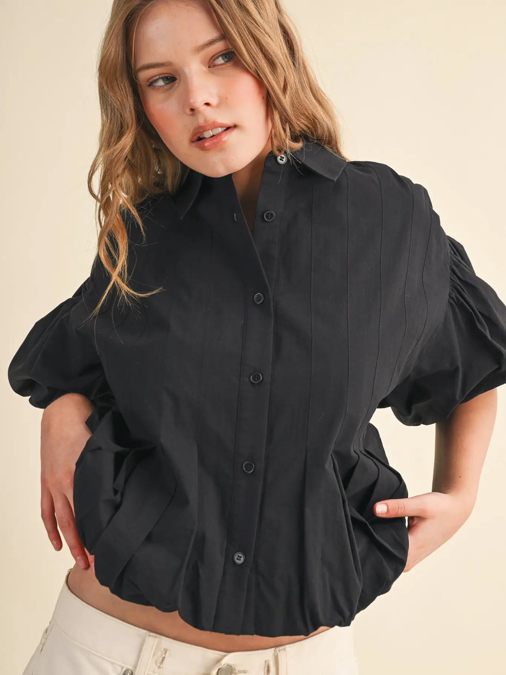 Pleated Bubble Hem Button Down Top - BLACK