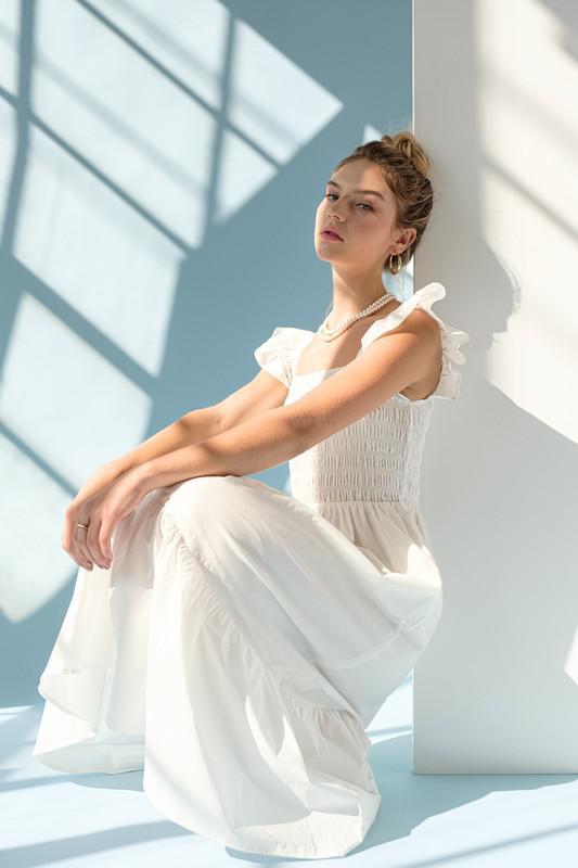 Olivia Ruffle Smocked Torso Poplin Midi Dress - White