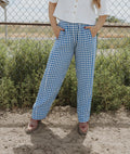 Gingham Pattern Elastic Band Waist Pants - BLUE/WHITE