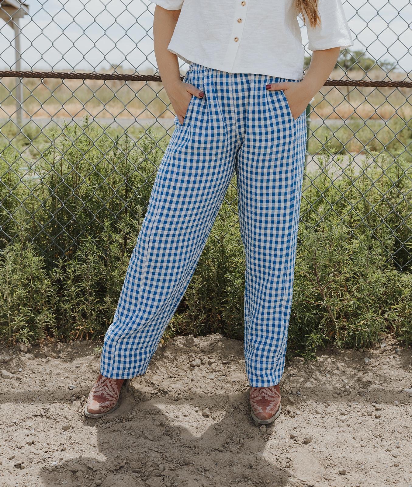 Gingham Pattern Elastic Band Waist Pants - BLUE/WHITE