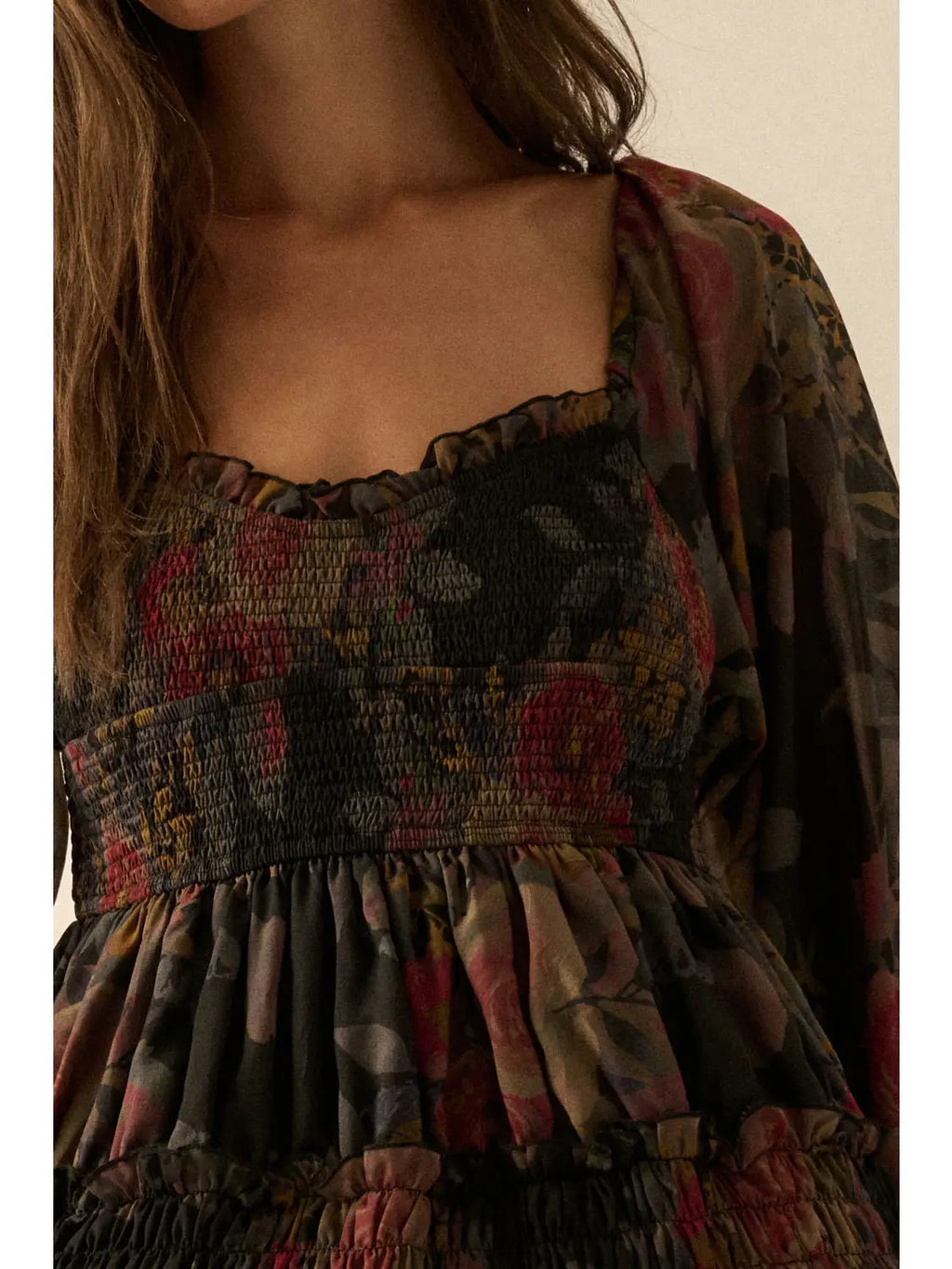 Floral-Print Smocked Bubble Sleeve Maxi Dress