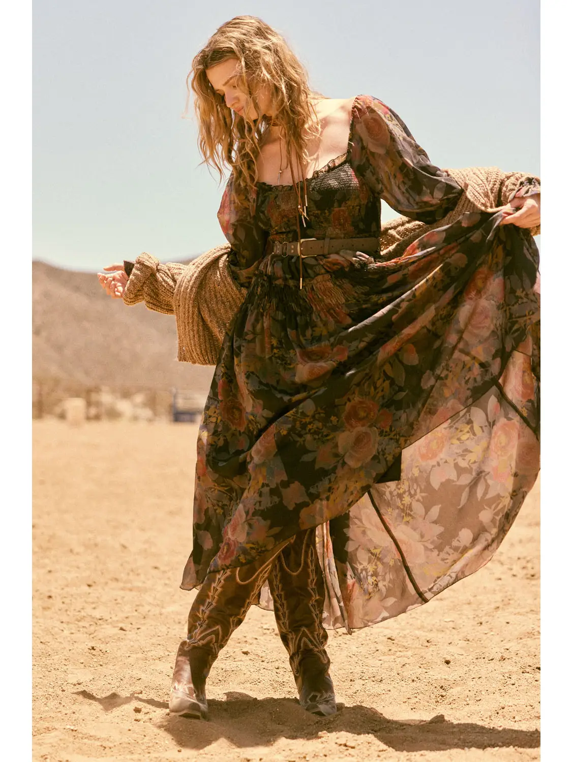 Floral-Print Smocked Bubble Sleeve Maxi Dress