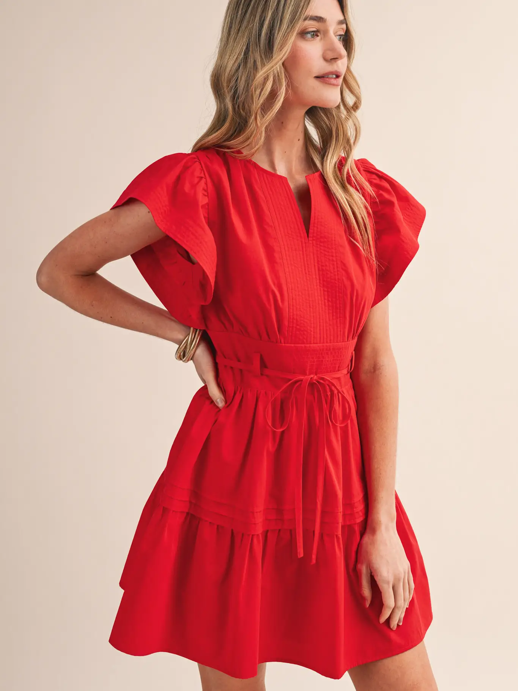 Embroidered Seam Pin Tuck Detail Mini Dress - RED