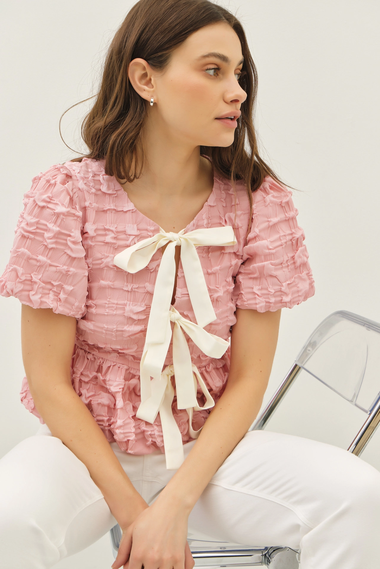Ballerina Pink - Bubble Babydoll Blouse with Textured Fabric and Contrast Bow
