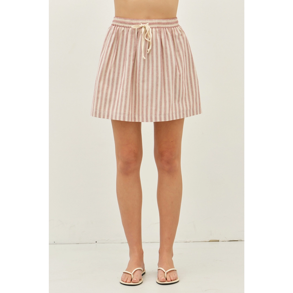 Stripe Mini Skirt with Elastic Band and Pockets - Red