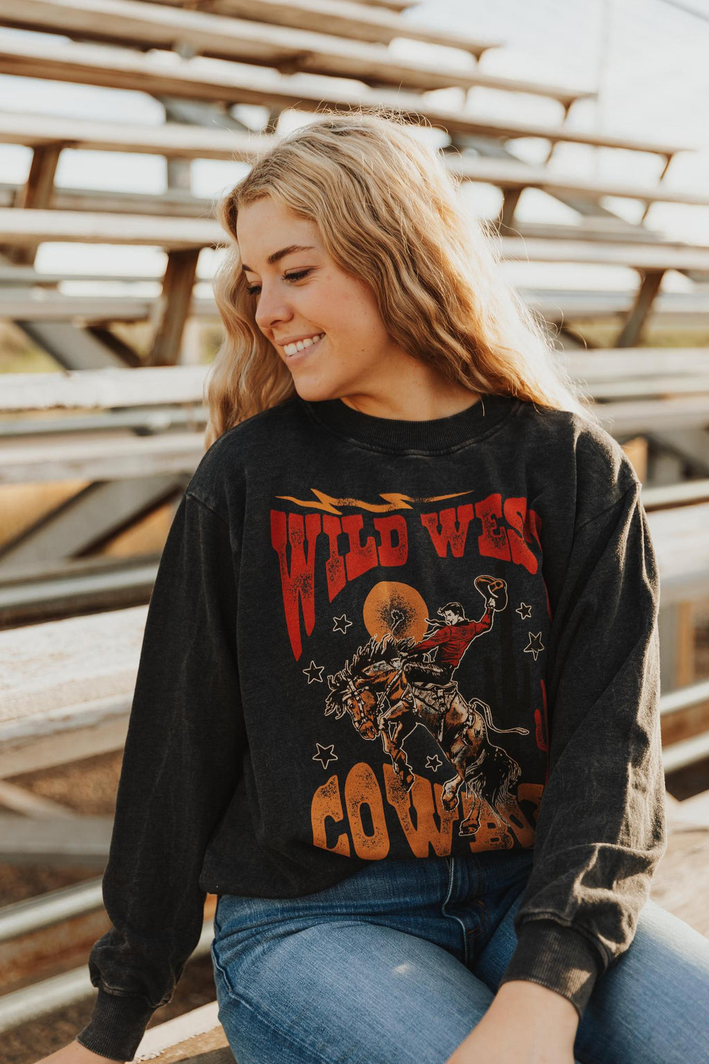 WILD WEST COWBOY LONG SLEEVE SWEATSHIRT - MINERAL BLACK