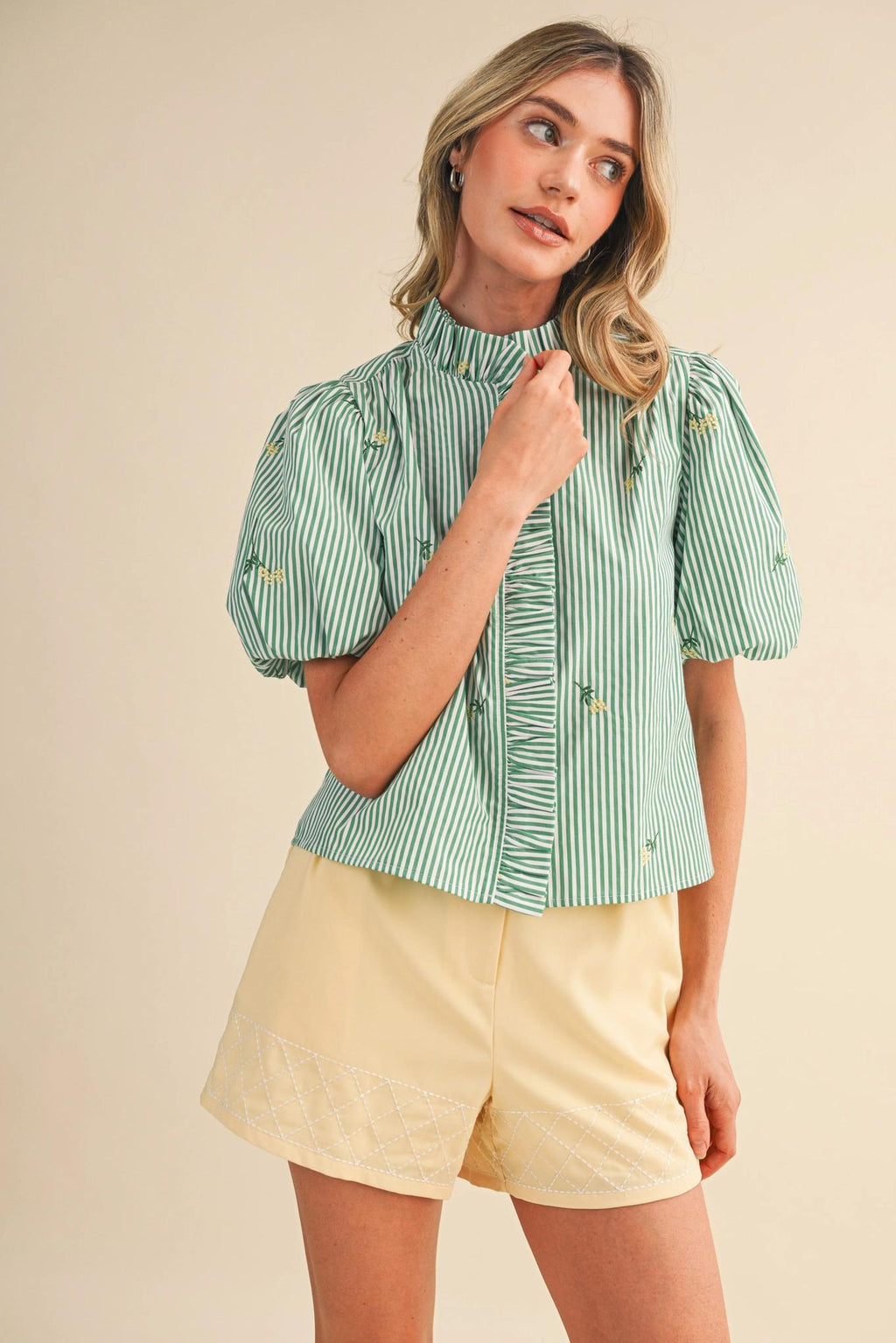 Floral Embroidery Striped Ruffled Button Down Top - Green Stripe