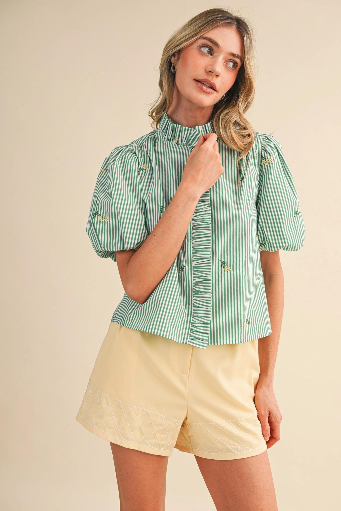 Floral Embroidery Striped Ruffled Button Down Top - Green Stripe