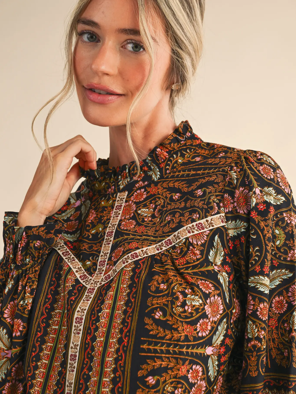 Exclusive Floral Print Top with Floral Trim - BLACK MULTI