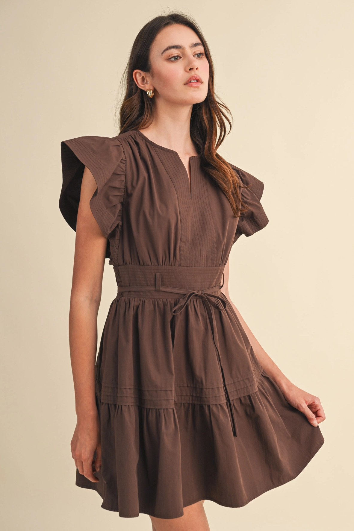 Embroidered Seam Pin Tuck Detail Mini Dress - COCOA BROWN