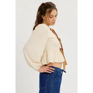 VANILLA Textured Bubble Hem Blouse Top with Bow Front Top