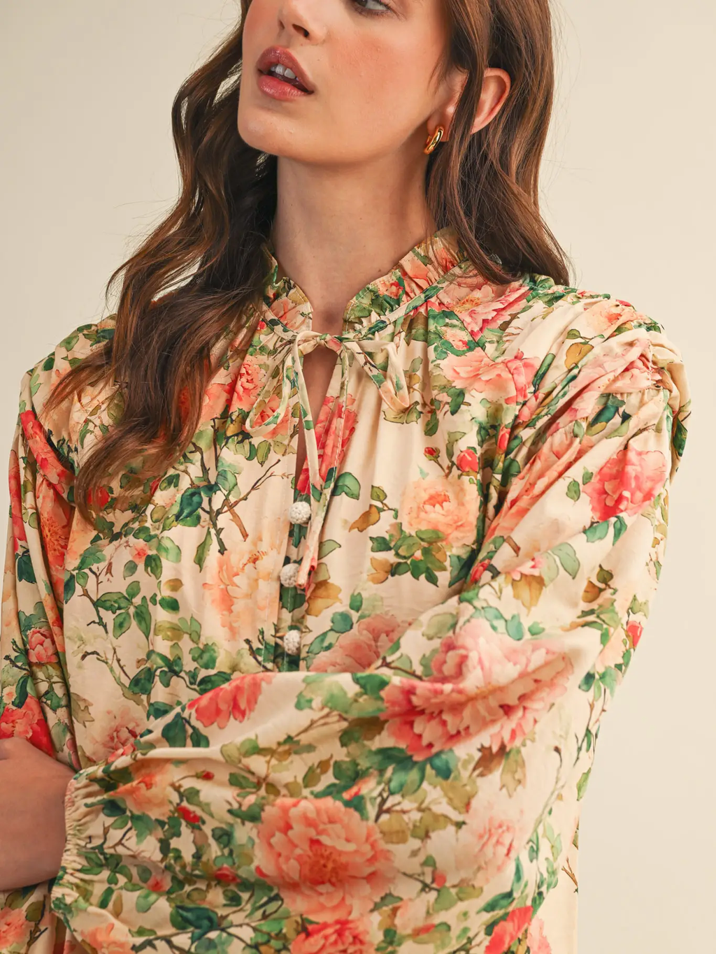 Floral Ruched Button Down Blouse - PEACH