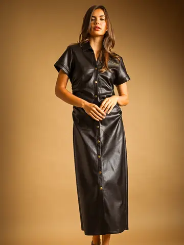 Faux Leather Buttondown Short Sleeve Dress - BLACK