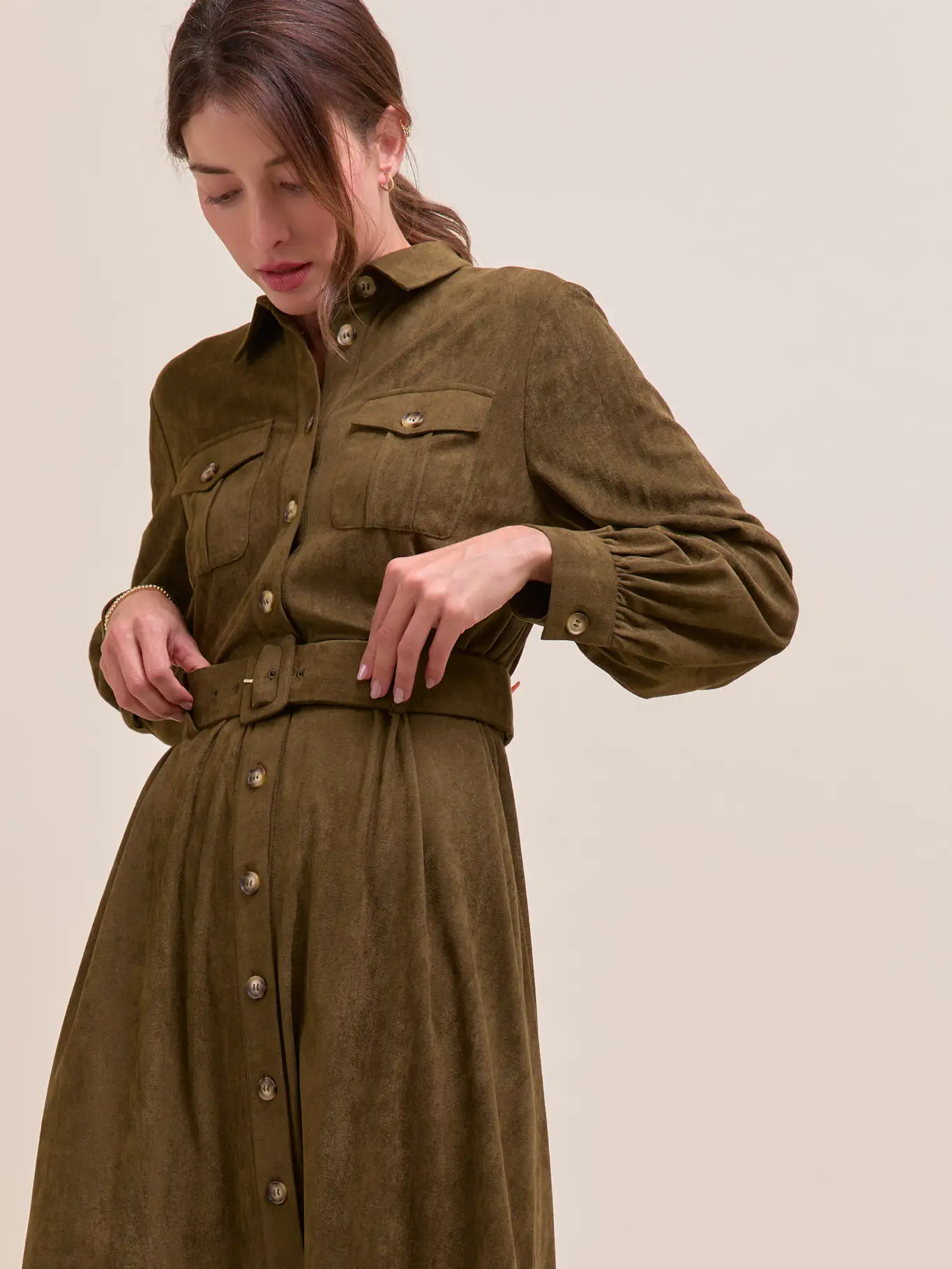 Suede Shirt Dress - OLIVE