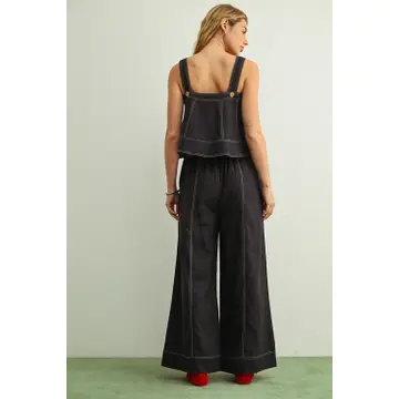 Stitch Detailed Wide Leg Linen Pants - Navy