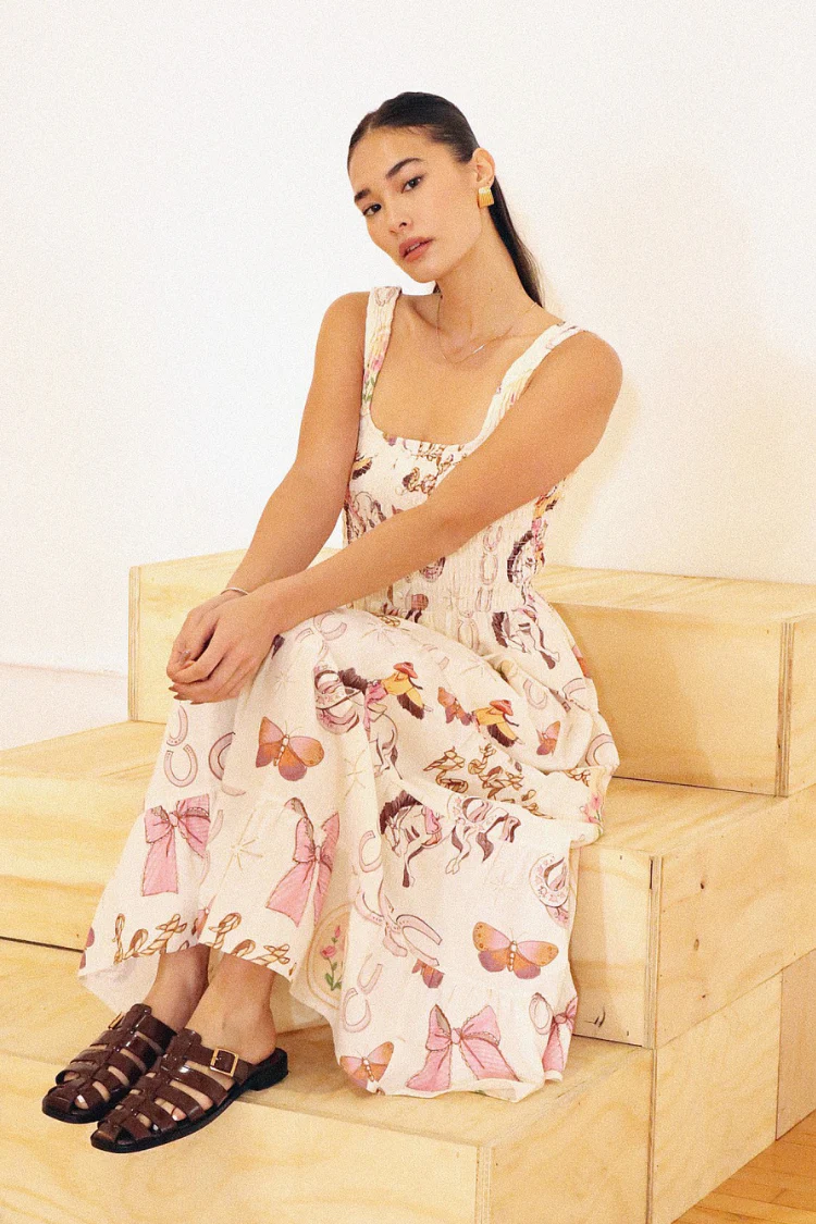 Western Print Dress - Cream