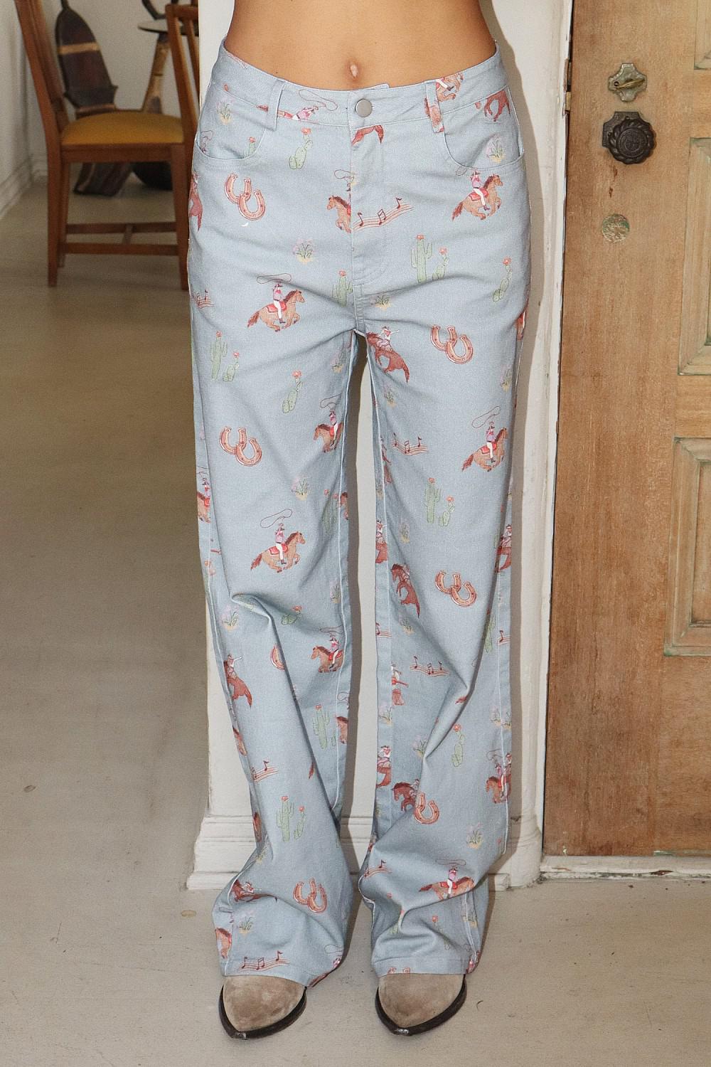 COWGIRL PRINT STRAIGHT-LEG PANTS - BLUE