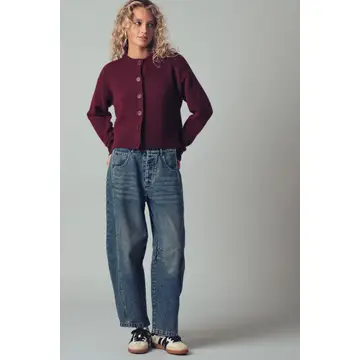 Relaxed Wool Blend Button-Up Cardigan - WINE