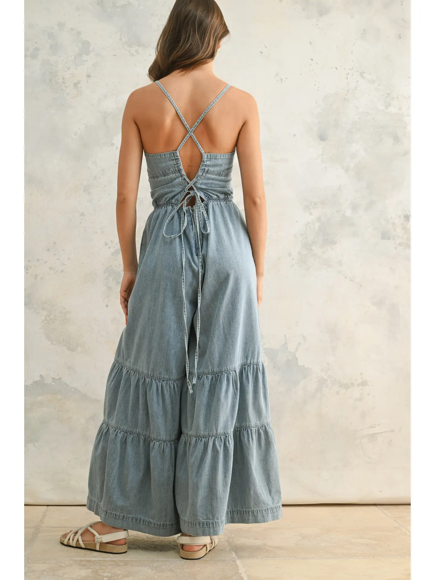 Tiered Bottom Detail Chambray Jumpsuit
