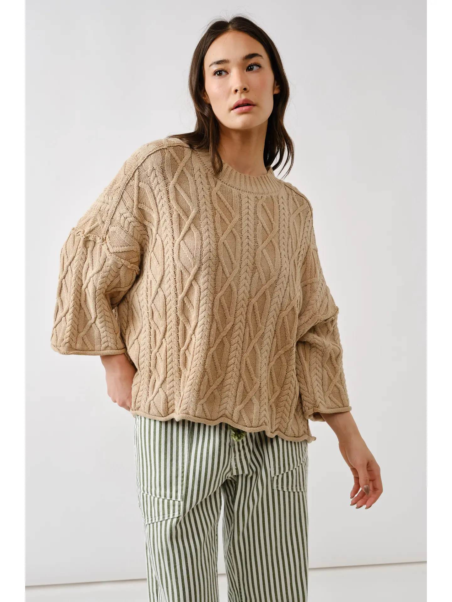 Oversize Washed Cable Sweater - Camel