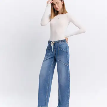 High Rise Elastic Waistband Wide Barrel Jeans - UPSTANDING