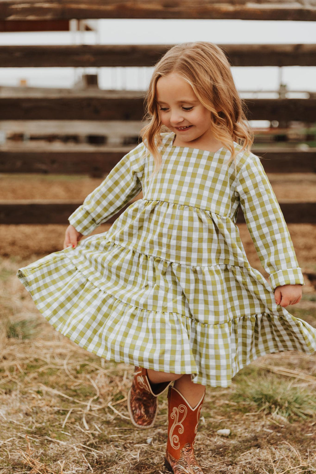 GIRLS GREEN CHECK TIERED DRESS
