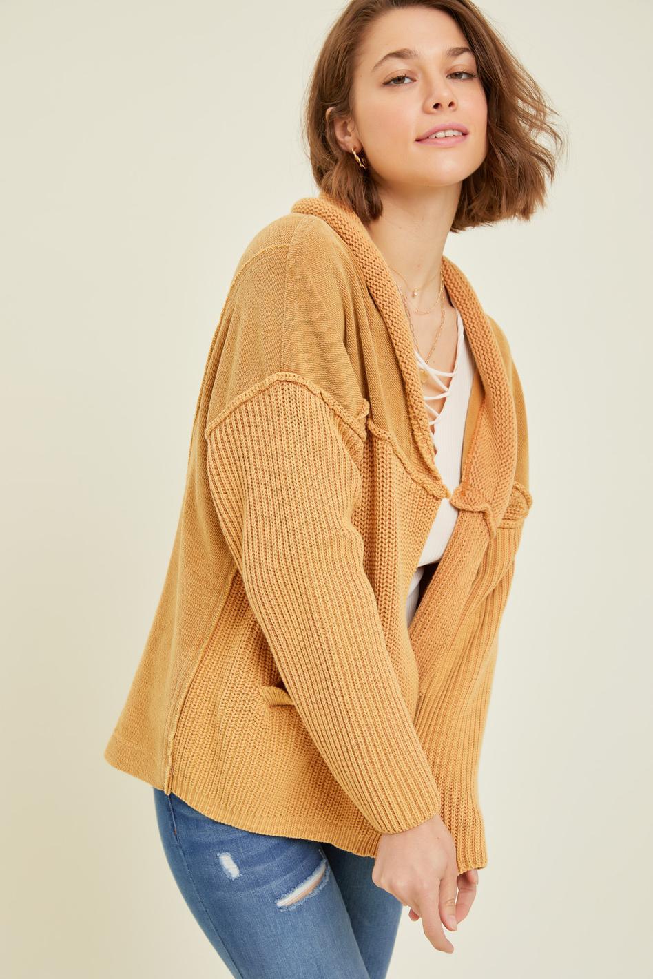 WESTERN WASHED TERRY CARDIGAN WITH CABLE KNIT SWEATER WASHED RUST - CAMEL