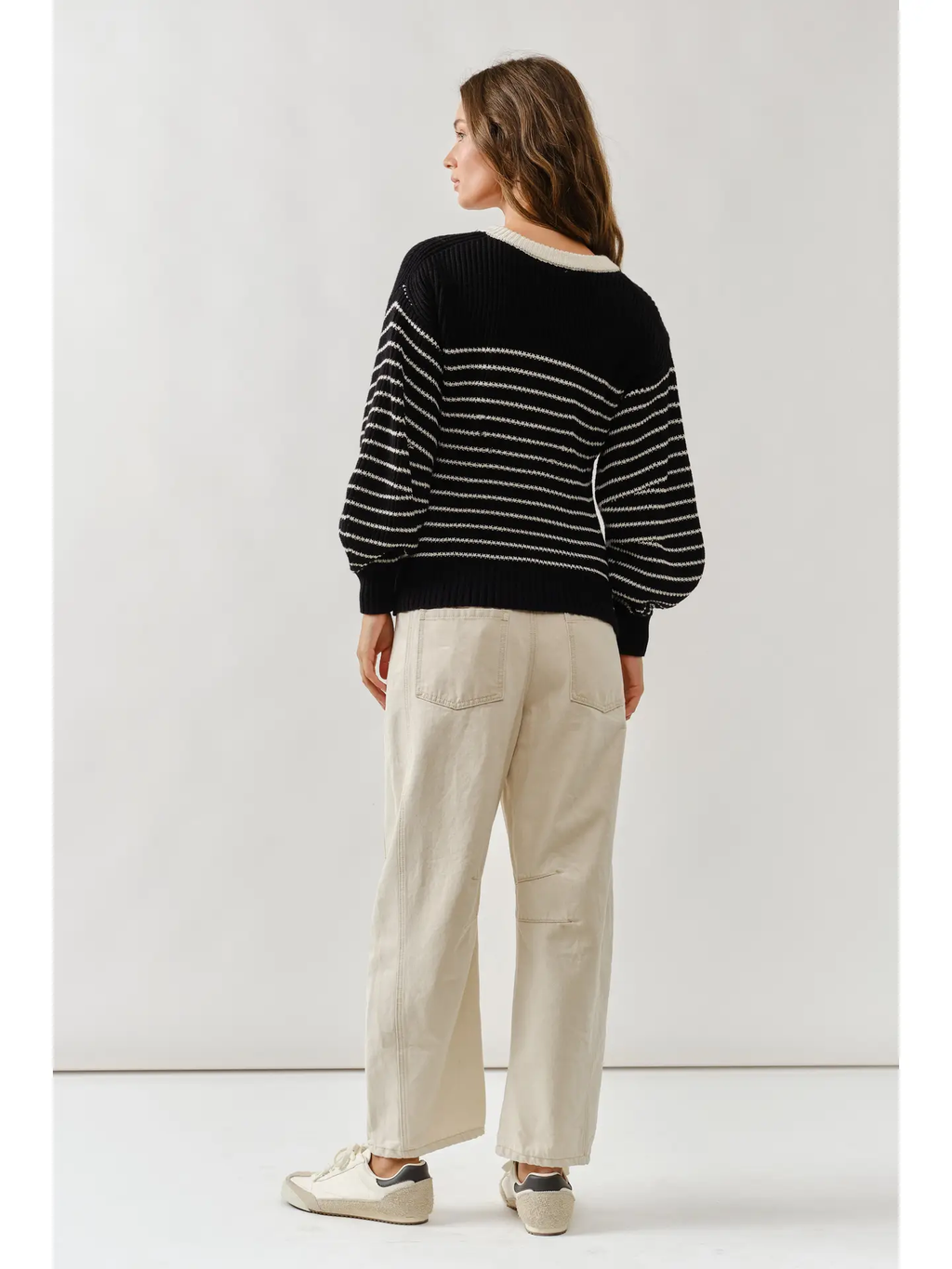 Voluminous Sleeve Stripe Cardigan - BLACK / CREAM