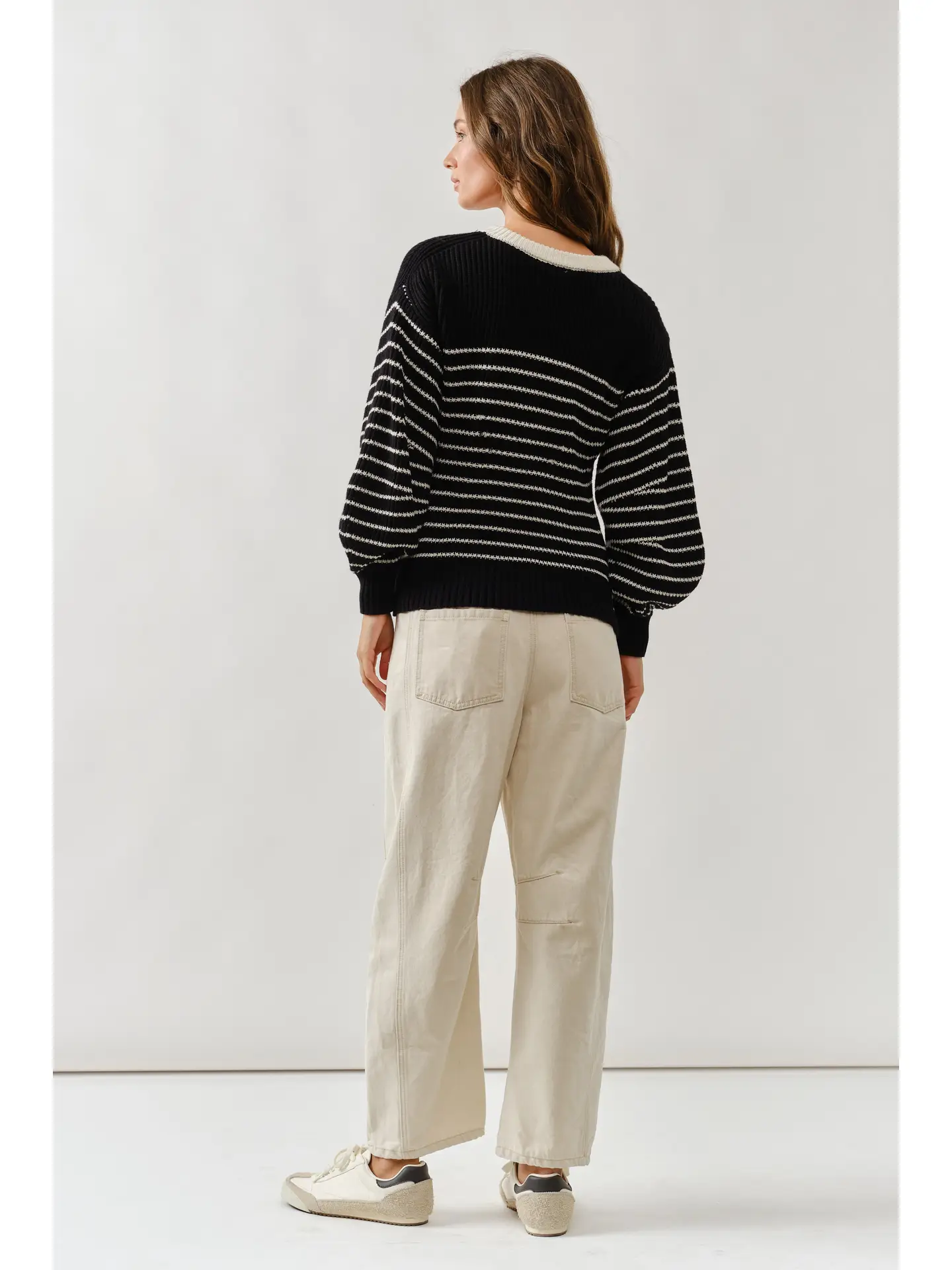 Voluminous Sleeve Stripe Cardigan - BLACK / CREAM