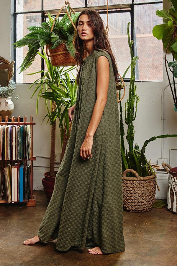 Wide Leg Chess Board Textured Brushed Knit Jumpsuit - Olive