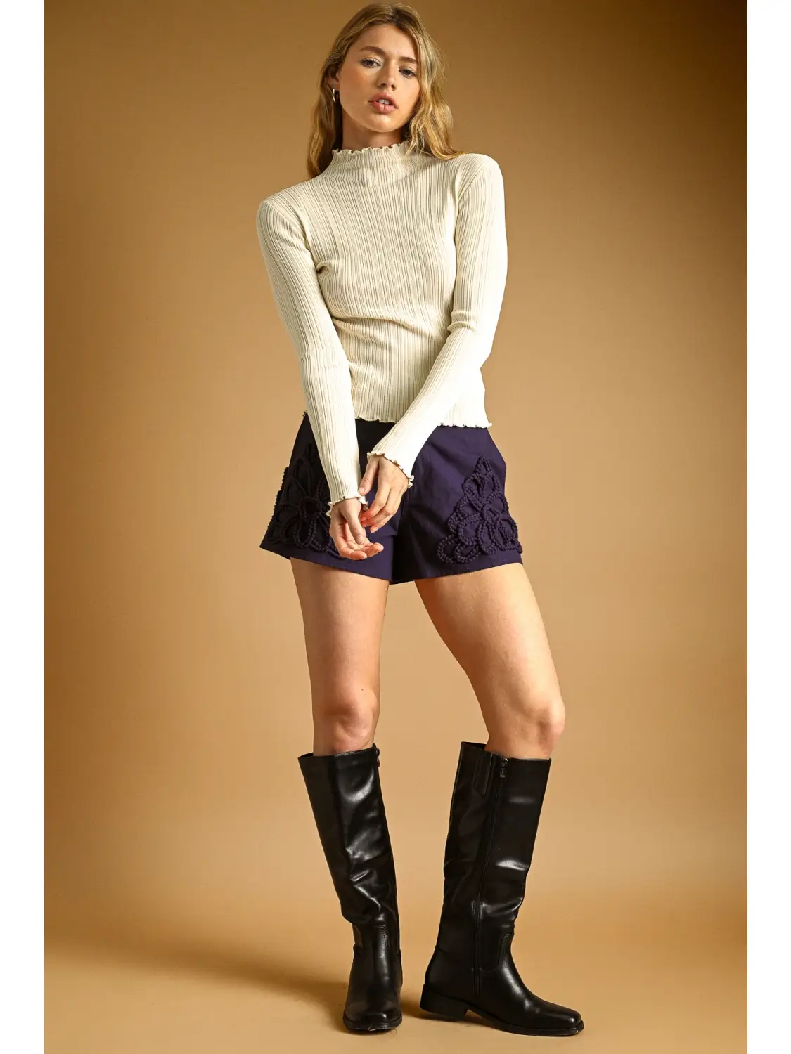 Long Sleeve Ribbed Knitted Top - CREAM