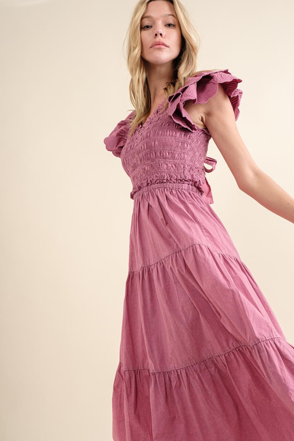 Cotton Poplin Ruffle Slv Smocked Bodice Midi Dress - Grape Nectar