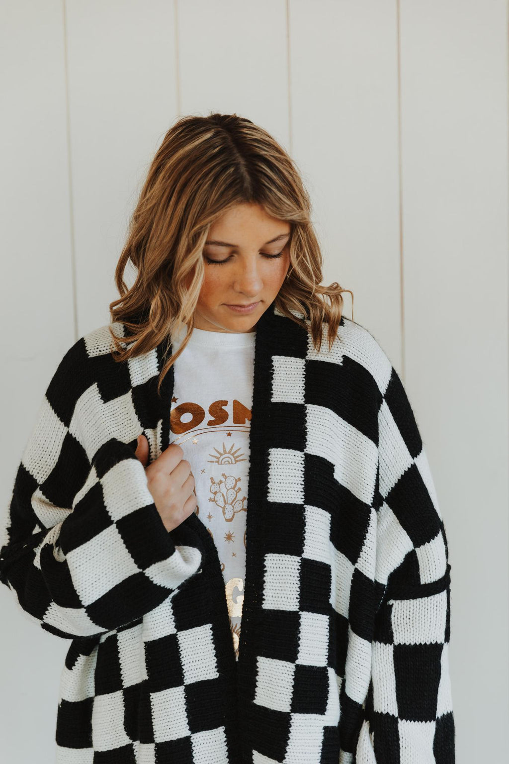 Check Dropped Shoulders Cardigan - Black & White