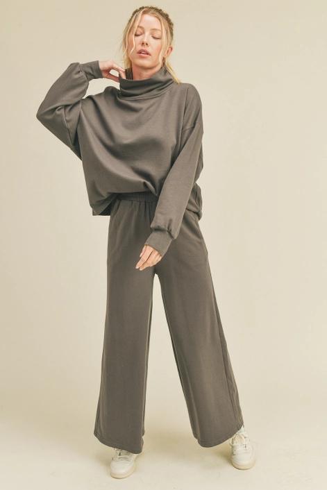 Grey Draped Mock Neck Top & Wide Leg Pant Set