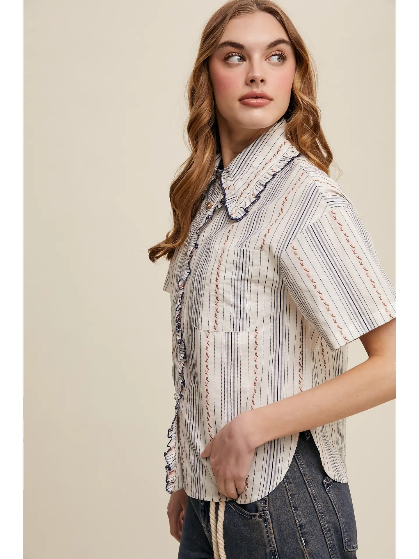 Striped Embroidered Button-Down Blouse