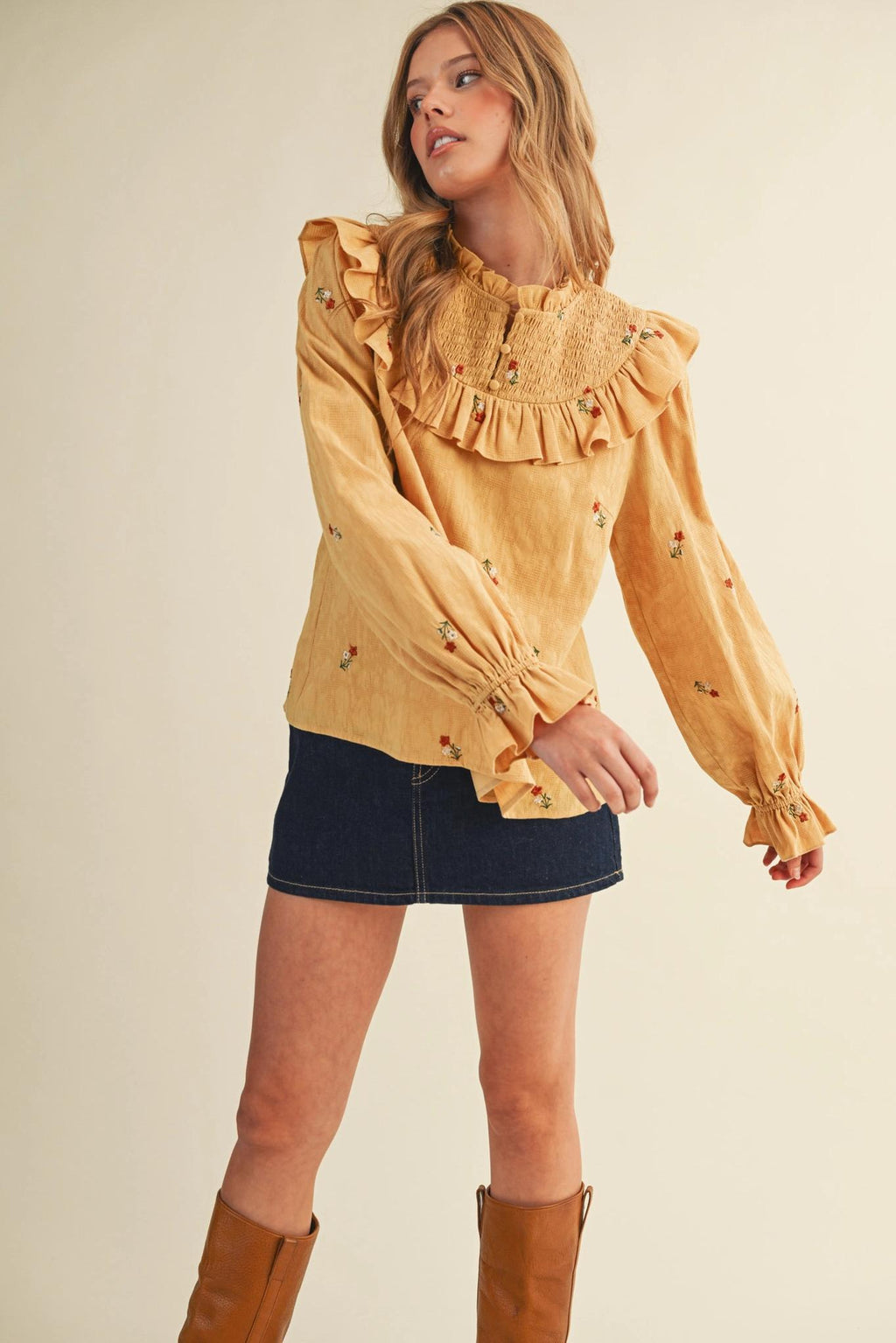 Ruffled Smocked Yoke Embroidered Blouse