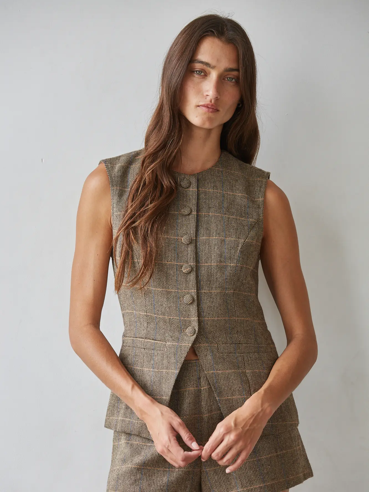 Woven Polyester Wool Button Down Sleeveless Top