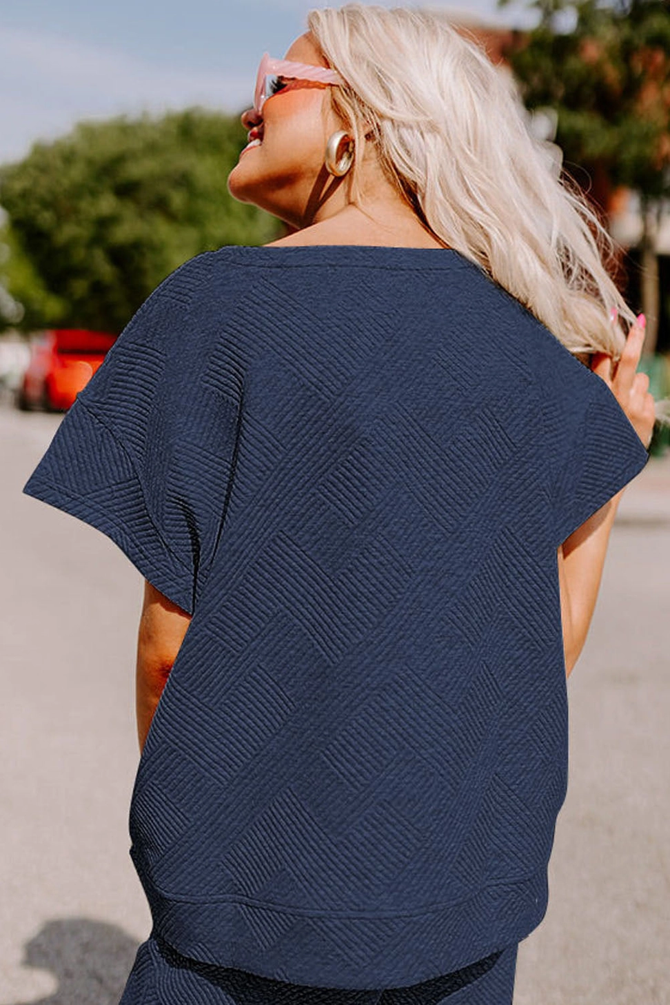 Navy Textured Loose Fit T Shirt and Drawstring Pants Set