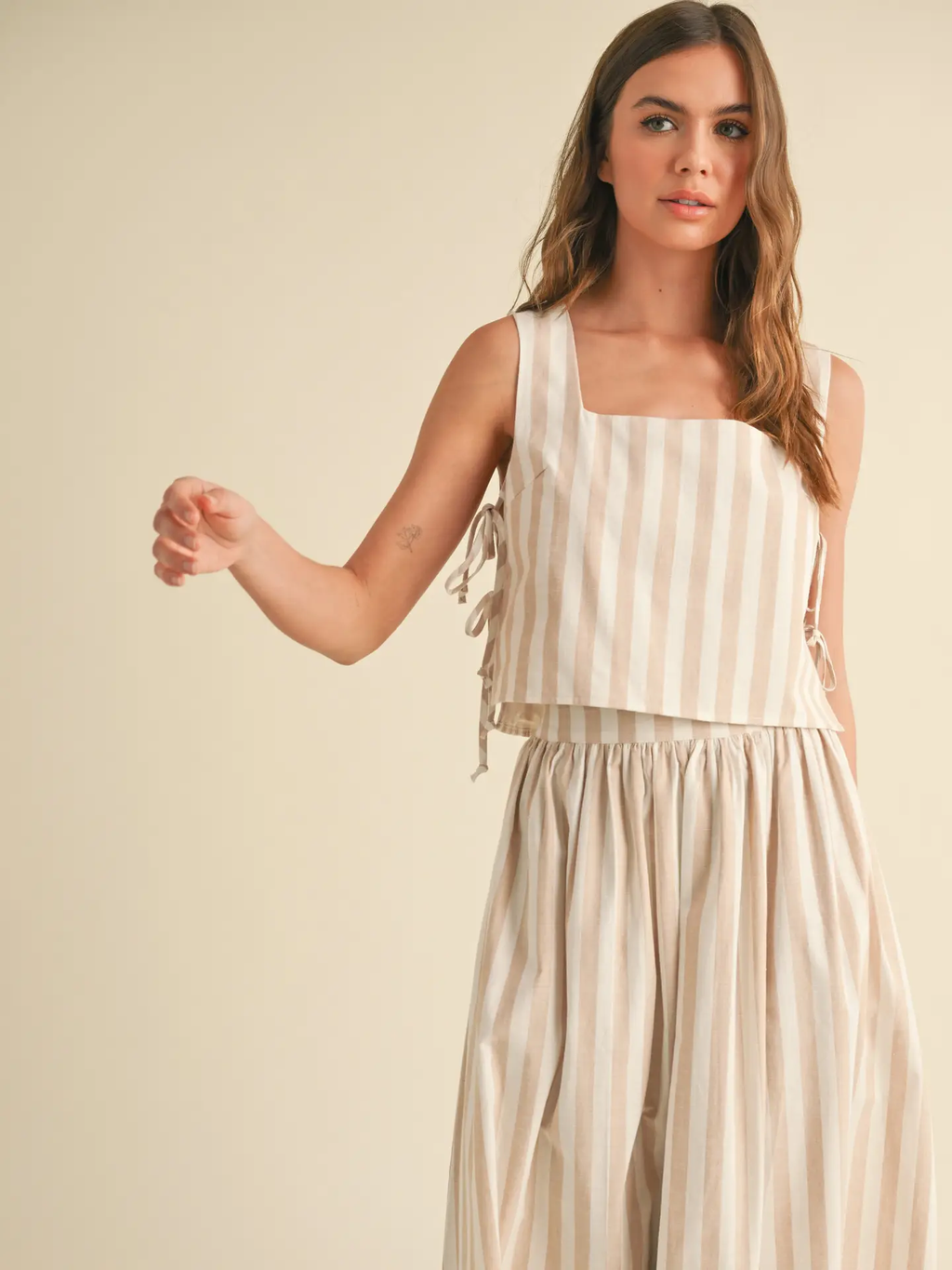 Stripe Pattern Tie On the Side Top - Beige