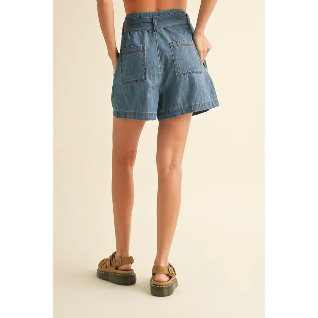 Chambray Denim Paperbag Waist Shorts