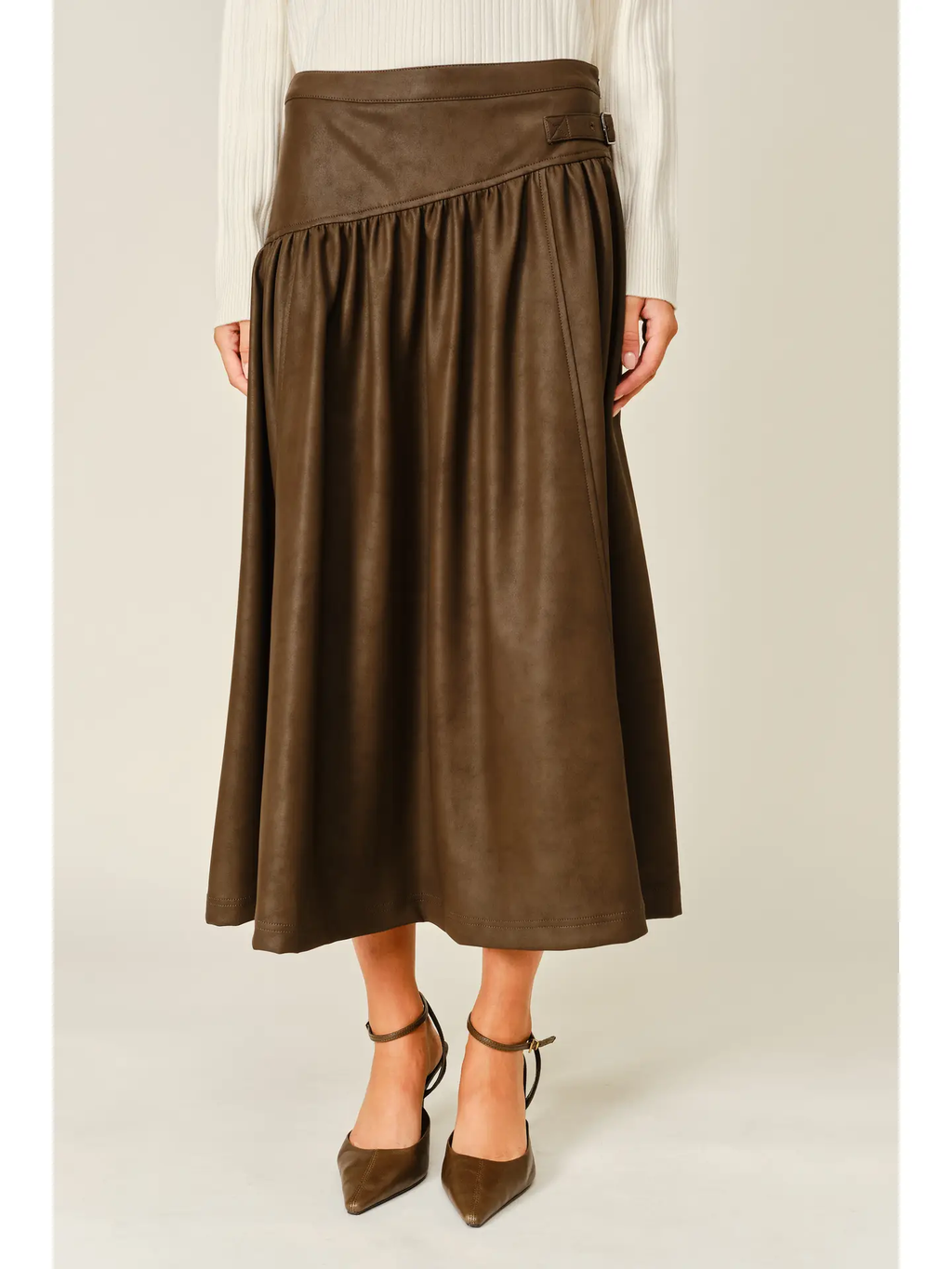 Classic Vegan Leather Belted Midi Skirt